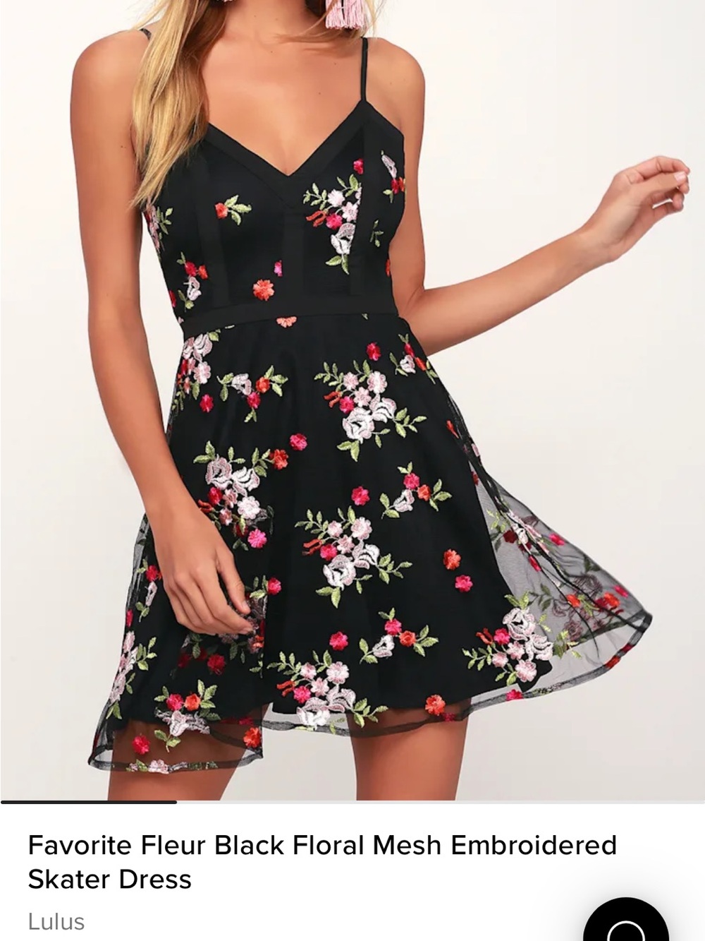 NWT Lulus Black Mesh Floral Embroidered Skater Dress